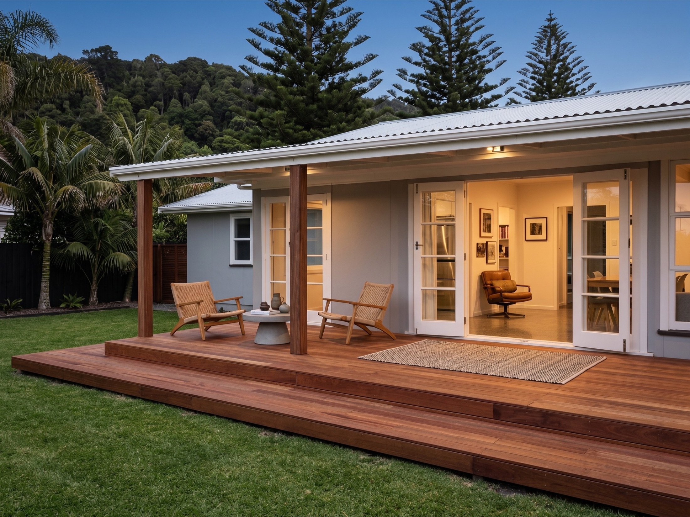 Timber deck and indoor-outdoor living at dusk, Bay of Plenty home